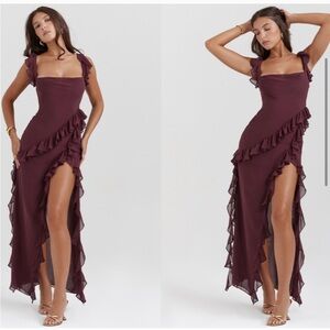 HOUSE OF CB ARIELA
MULBERRY RUFFLE MAXI DRESS wine size XS
